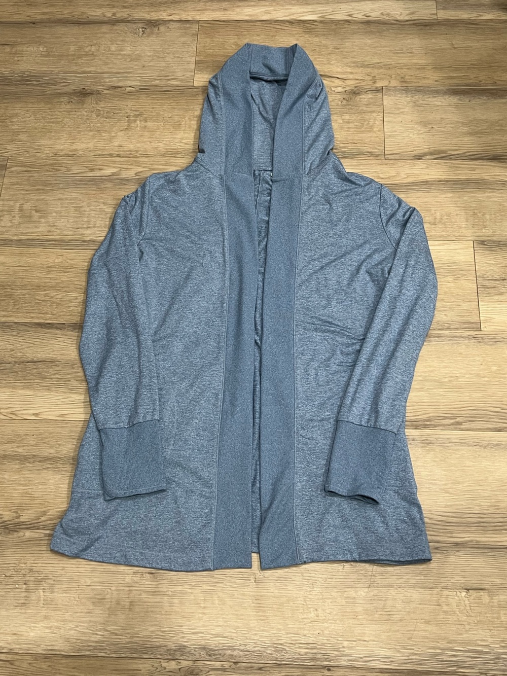 Athleta Open Front Cardigan Sweater Pockets Thumbholes Blue Stretch Women large
